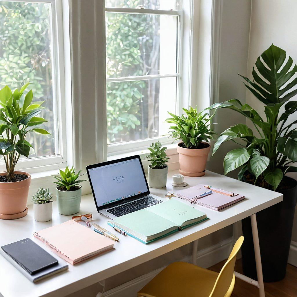A serene workspace featuring a meticulously organized desk with a stylish planner, color-coded stationery, and a calming houseplant, symbolizing control and perfection. The background is a softly lit room with subtle hints of nature outside the window, representing balance and tranquility. Soft pastel colors dominate the scene to evoke a sense of peace and order. super-realistic. vibrant colors. soft lighting.