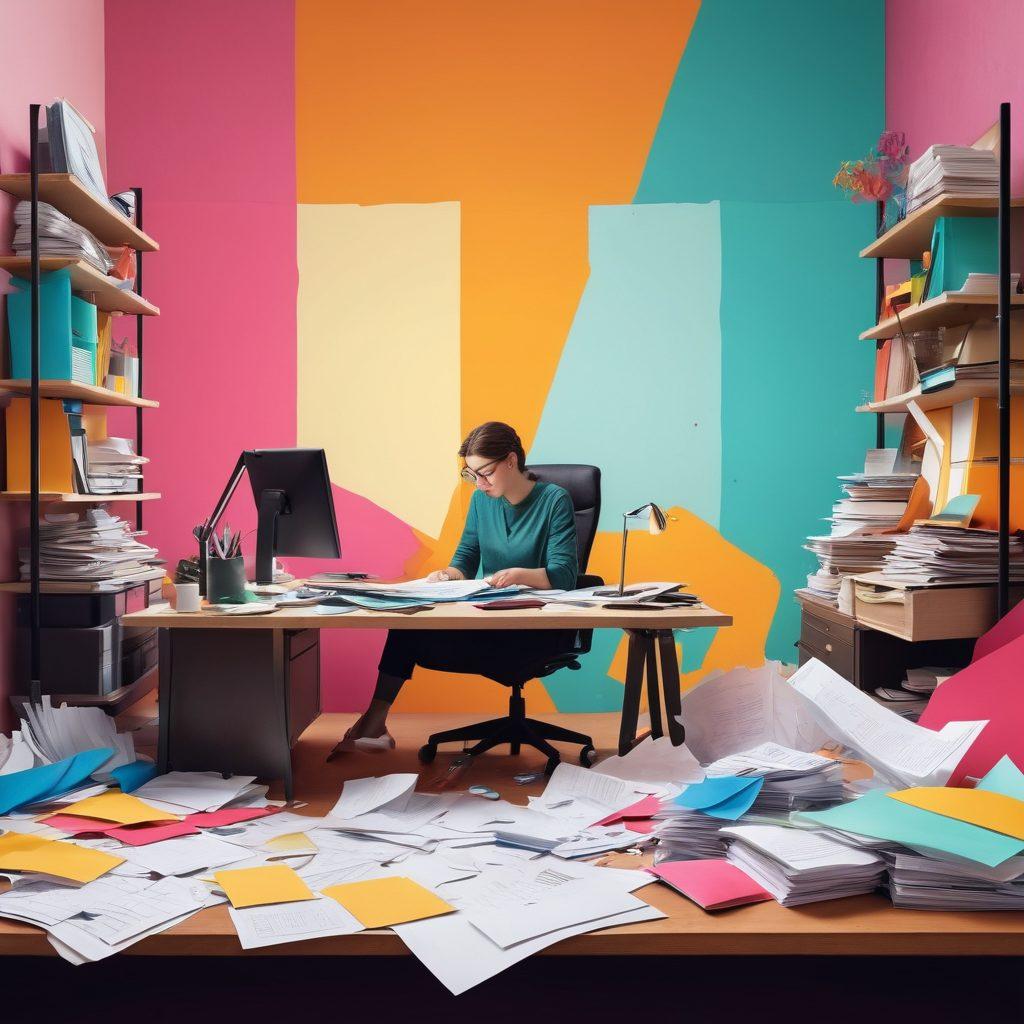 A split-screen illustration featuring two contrasting scenes: one side depicts a chaotic desk with scattered papers and messy items symbolizing stress, while the other side showcases an impeccably organized workspace with color-coded folders and pristine decor representing perfectionism. A figure stands at the center, contemplating the two sides with a thoughtful expression. The background should blend elements of both worlds smoothly. vibrant colors. digital art.