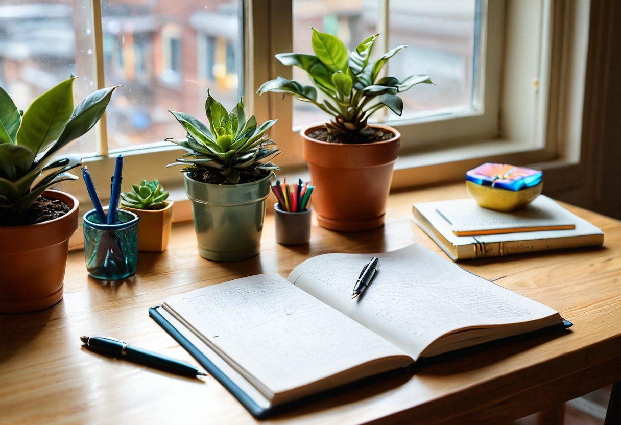 A serene workspace featuring a neatly organized desk with a journal, colorful pens, and a potted plant, symbolizing the harmony between detail-oriented perfectionism and creativity. Soft sunlight streaming through a window to create a warm atmosphere, reflecting a balanced approach to life. Subtle artistic elements like mandalas and geometric patterns in the background to inspire mindfulness and focus. vibrant colors. cozy ambiance.